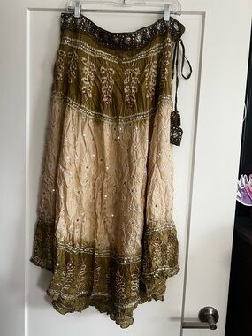 Saks Fifth Avenue Olive and Cream Embroidered Maxi Skirt